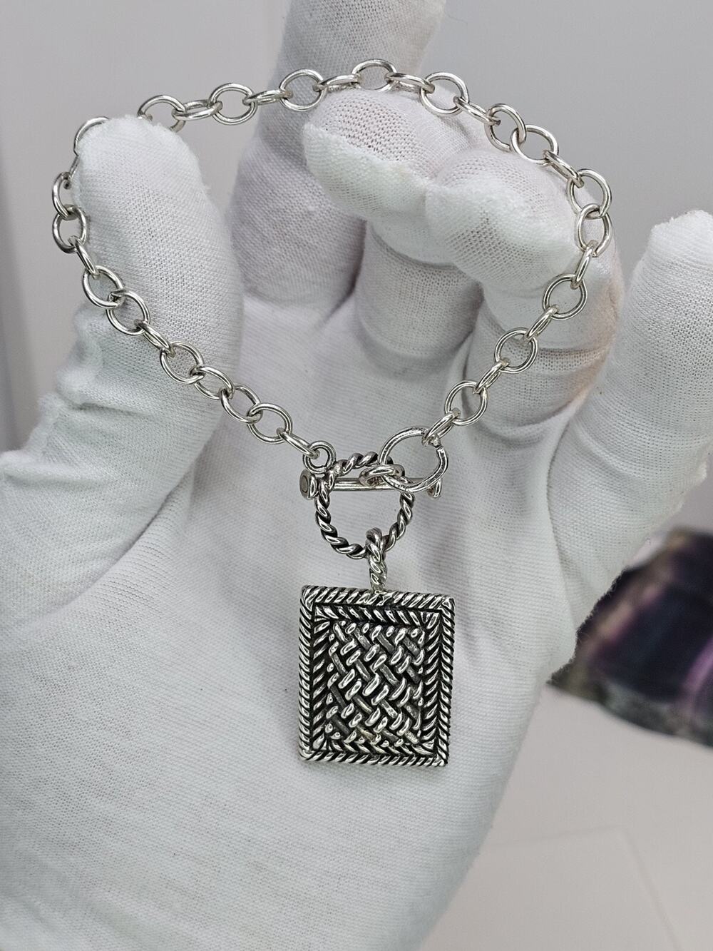 Vintage 925 Sterling Silver - Braided Dog Tag Charm Bracelet Size 8.25"